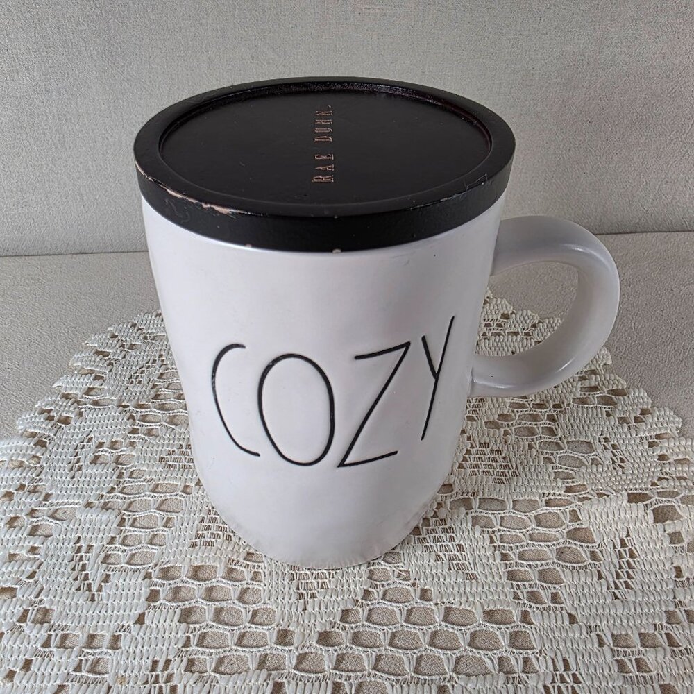 Rae Dunn Ceramic "Cozy" Mug With Black Lid 16 Oz Capacity White With Textured Fi - Picture 6 of 9